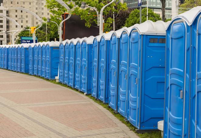 a row of portable restrooms at a fairground, offering visitors a clean and hassle-free experience in Calabasas CA